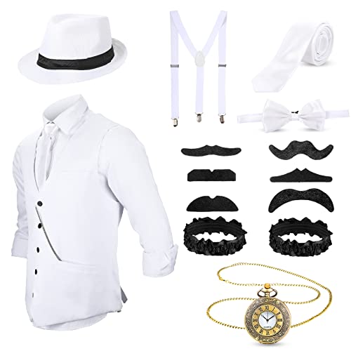 Blulu 1920er Herren Zubehör Gatsby Gangster Kleidung Kostüm Cosplay Outfit mit Weste Fedora Hut Taschenuhr Hosenträger Fliege für Mann Halloween Cosplay (L, Weiß) von Blulu