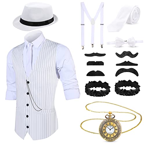 Blulu 1920er Herren Zubehör Gatsby Gangster Kleidung Kostüm Cosplay Outfit mit Weste Fedora Hut Taschenuhr Hosenträger Fliege für Mann Halloween Cosplay (L, Weiß Schwarz Streifen) von Blulu