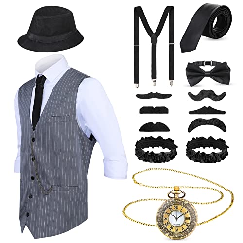 Blulu 1920er Herren Zubehör Gatsby Gangster Kleidung Kostüm Cosplay Outfit mit Weste Fedora Hut Taschenuhr Hosenträger Fliege für Mann Halloween Cosplay (M, Grau Schwarz Streifen) von Blulu