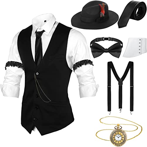 Blulu 1920er Herren Zubehör Manhattan Fedora Kleidung Kostüm Halloween Cosplay Outfit mit Weste Hut Taschenuhr (L) von Blulu