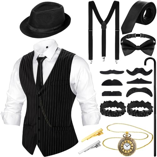 Blulu 1920er Jahre Herren Kostüm Accessoires Set Gangster Weste Fedora Hut Hosenträger Spielzeug Taschenuhr Gehstock 20er Jahre Outfit Kleidung für Männer 1920er Herren Zubehör (Schwarz Weiß, XL) von Blulu