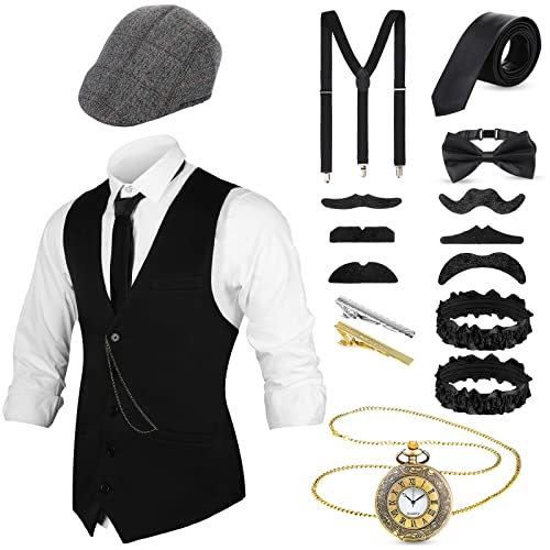 Blulu 20er Herren Weste Kostüm Zubehör Set Fedora Hut Vintage Taschenuhr Vorgebundene Fliege 1920er Jahre Mann Cosplay Outfit Accessoires für Männer Vintage Party (M) von Blulu