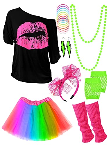 Blulu 80 Jahre Kostüm Zubehör Set, T-Shirt Tutu Stirnband Ohrring Halskette Beinlinge(S,Regenbogen) von Blulu