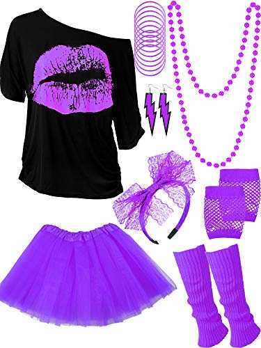 Blulu 80 Jahre Kostüm Zubehör Set, T-Shirt Tutu Stirnband Ohrring Halskette Beinlinge(XS,Lila) von Blulu