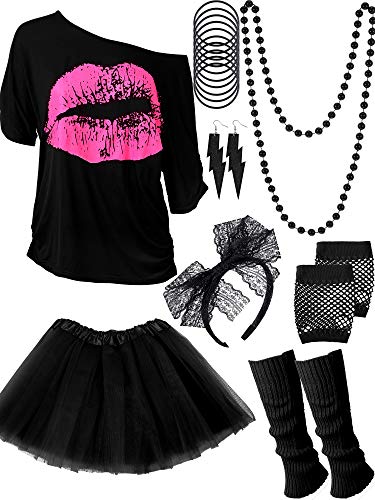 Blulu 80 Jahre Kostüm Zubehör Set, T-Shirt Tutu Stirnband Ohrring Halskette Beinlinge(XXXL,Schwarz) von Blulu