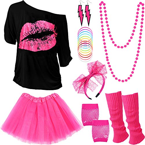 Blulu 80er Jahre Accessoires Kostüm Zubehör Set, Glänzendes T-Shirt Tutu Stirnband Ohrring Halskette Armband Beinlinge (XXXL) von Blulu