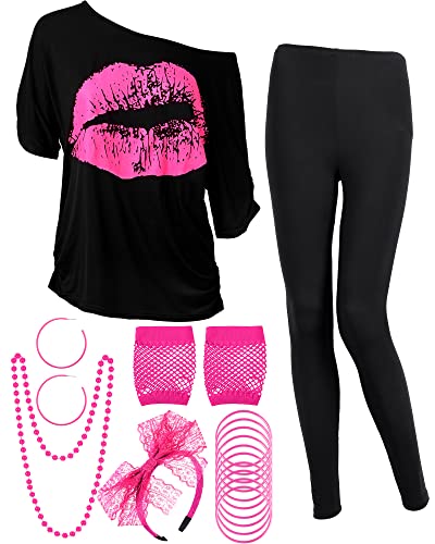 Blulu 80er Jahre Damen Kostüm Set, T Shirt, Legging Hose Ohrring Halskette Handschuhe Armband(Kurz Ärmel Einfarbig Schwarz,L) von Blulu