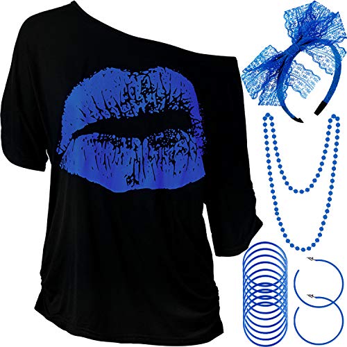 Blulu Damen 80 Jahre Kostüm Zubehör Set, Lippen Drucken T-Shirt Spitze Stirnband Ohrring Halsketten Armband für 80 Jahre Thema Party(Königsblau,M) von Blulu