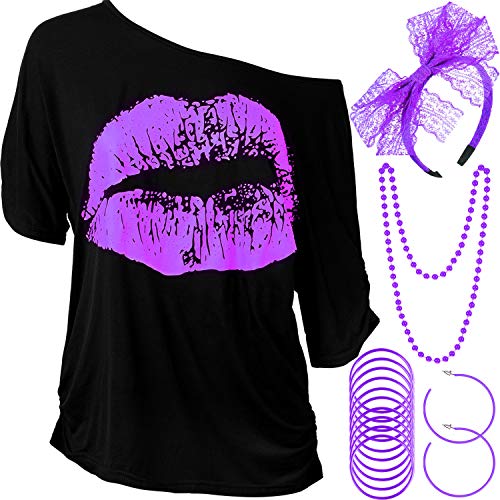 Blulu Damen 80 Jahre Kostüm Zubehör Set, Lippen Drucken T-Shirt Spitze Stirnband Ohrring Halsketten Armband für 80 Jahre Thema Party(Lila,XL) von Blulu