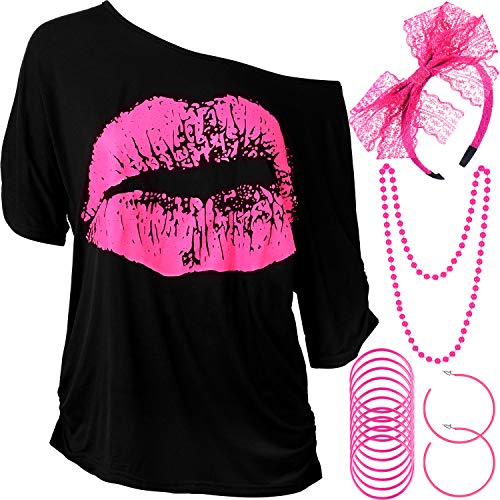 Blulu Damen 80 Jahre Kostüm Zubehör Set, Lippen Drucken T-Shirt Spitze Stirnband Ohrring Halsketten Armband für 80 Jahre Thema Party(Rosenrot,XL) von Blulu