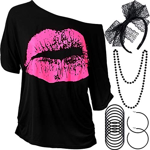 Blulu Damen 80 Jahre Kostüm Zubehör Set, Lippen Drucken T-Shirt Spitze Stirnband Ohrring Halsketten Armband für 80 Jahre Thema Party(Schwarz,M) von Blulu