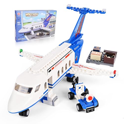 Blumacht City Passagierflug Flugzeug Baukasten, Flugzeug Modell mit Gepäckwagen, Bausteine Spielzeug, Flugzeug-Modell Geschenke für Jungen Mädchen ab 6 7 8 9 10 Jahre von Blumacht