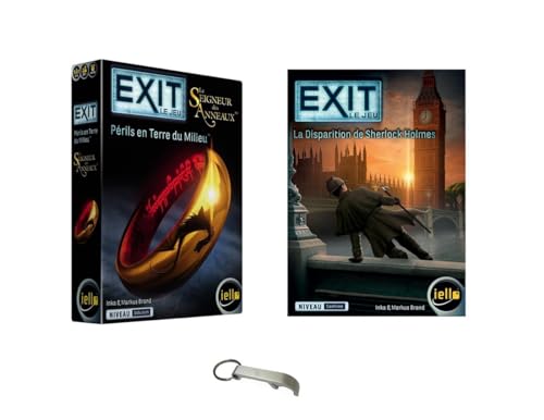 Set mit 2 Exit-Spielen, französische Version, Gefahren in Mittelerde + Das Verschwinden von Sherlock Holmes + 1 Flaschenöffner Blumie (Herr + Sherlock) von Blumie Shop