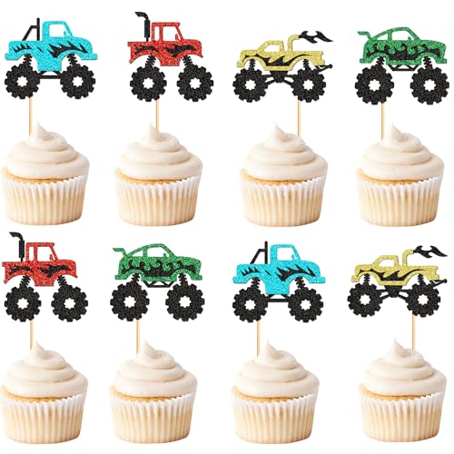 Blumomon 24 Monster Truck Cake Topper Monster Truck Kuchen Dekoration Cupcake Dekoration für Bunte Monster Trucks Geburtstag Baby Party Dekoration von Blumomon