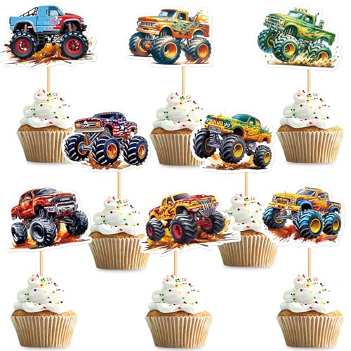 Blumomon 24 Monster Truck Cake Tops Monster Truck Thema Kuchen Dekoration Cupcake Dekoration für Bunte Monster Trucks Geburtstag Baby Party Dekoration von Blumomon