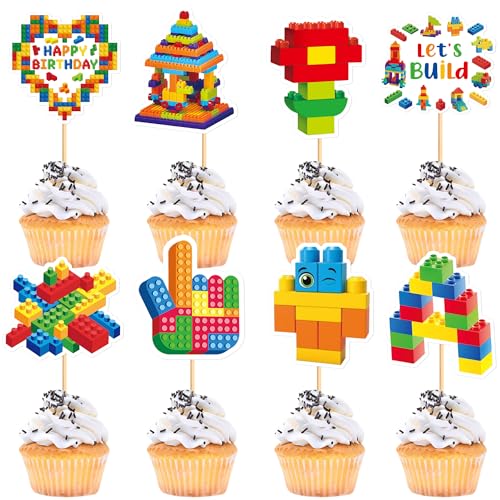 Blumomon 24 Stück Bausteine Party Cupcake Topper Junge Mädchen Geburtstag Party Dekorationen Baustein Themed Geburtstag Kuchen Dekorationen für Kinder Geburtstag Babyparty Party Supplies von Blumomon