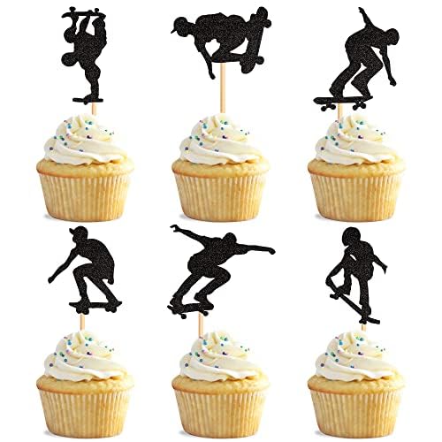 Blumomon 24 Stück Black Glitter Skateboard Cupcakes Sport Skateboard zum Thema Junggesellenabschied Geburtstagsfeier Kuchen Dekorationszubehör von Blumomon