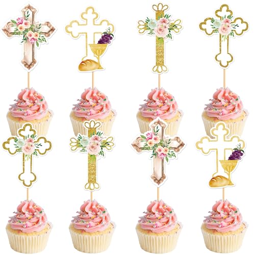 Blumomon 24 Stück Christentum Cupcake Topper Dekoration Farbe Glitter Christian Kreuz Cupcake Dekorationen für Religion Thema Babydusche Party Zubehör von Blumomon