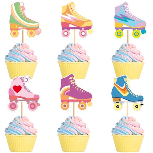 Blumomon 24 Stück Doppelseitiges Rollschuhlaufen Cupcake Toppers Rollschuhlaufen Cupcake Dekorationen Rollschuhlaufen Thema Bachelorette Geburtstag Party Kuchen Dekorationen Zubehör von Blumomon