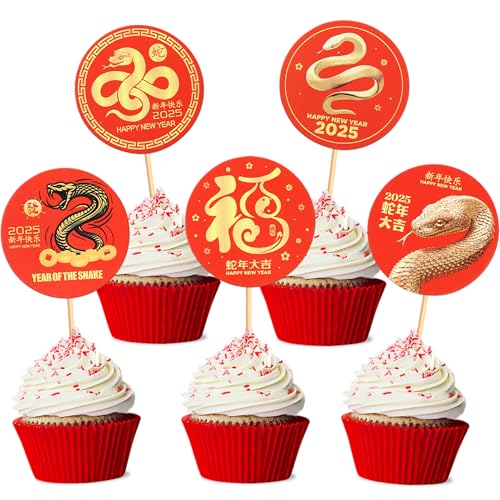 Blumomon 24 Stück Frohes Neues Jahr 2025 Cupcake Topper Neujahr 2025 Party Dekorationen, Silvester Party Tortenaufleger 2025 Schlange Sternzeichen von Blumomon