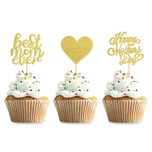 Blumomon 24 Stück Glitzer Happy Mothers Day Cupcake Topper Beste Mama Kuchendeko Mutter Cupcake Topper für Muttertag Party Kuchendeko von Blumomon