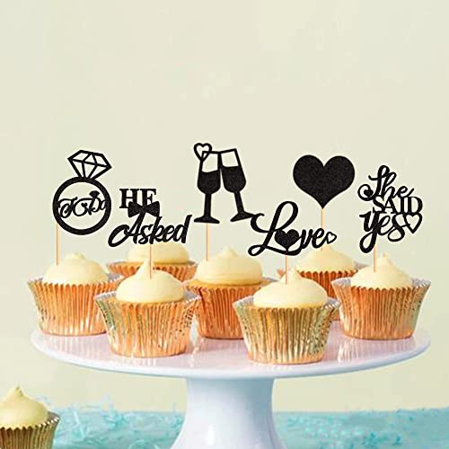 Blumomon 24 Stück "He Asked She Said Yes Cupcake-Topper, schwarzer Glitzer, Liebesherz, I Do-Ring, Cupcake, Lebensmittel-Plektren für Hochzeit, Verlobung, Brautparty, Party, Kuchendekoration von Blumomon