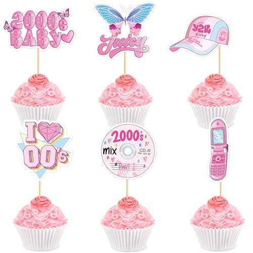 Blumomon 24 Stück Rosa Y2k 2000er Cupcake Topper Erwachsene Party Dekoration Y2k Party Dekorationen Thema Geburtstag Party Zubehör Einzelne weibliche Partei Kuchen Dekoration Supplies von Blumomon