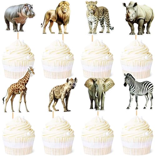 Blumomon 24 Stück Safari Dschungel Tiere Cupcake Topper Wildtier thema Geburtstags party Zubehör Tiere der afrikanischen Savanne Party-Dekorationen von Blumomon