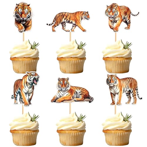 Blumomon 24 Stück Tiger Cupcake Topper Dschungel Safari Tiere Kuchen Dekoration Tiere Figur Kuchen Topper Picks für Babyparty Kindergeburtstag Party Supplies von Blumomon