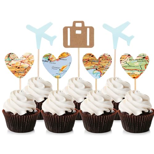 Blumomon 24pcs Reise Flugzeug Cupcake Dekoration, Blau Flugzeug Herzförmige Karte Gepäck Cupcake Auswahl Reise Thema Baby Shower Geburtstag Party Kuchen Dekoration von Blumomon