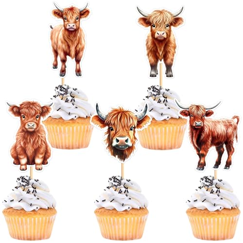 Blumomon 25 Hochlandrinder Cupcake Topper Hochlandrinder Geburtstags Kuchen Deckel Dekorationen für Kindergeburtstags Party Dekoration von Blumomon