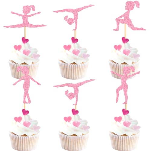 Blumomon 25 Stück Glitter Gymnastik Cupcake Toppers Mädchen Turner Cupcake Dekorationen Picks Rosa Gymnastik Sport Thema Tortendekorationen Mädchengeburtstag Geburtstag Party Supplies von Blumomon