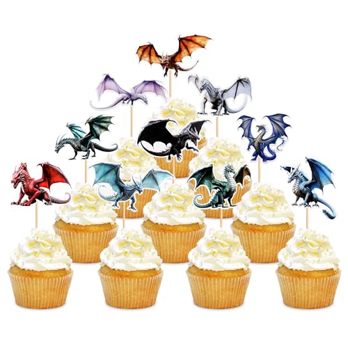 Blumomon 30 Stück Drachen Happy Birthday Cupcake Topper Glitzer Dinosaurier Kuchen Dekorationen für Baby Shower Kinder Geburtstag Drachen Thema Party Dekoration Supplies von Blumomon