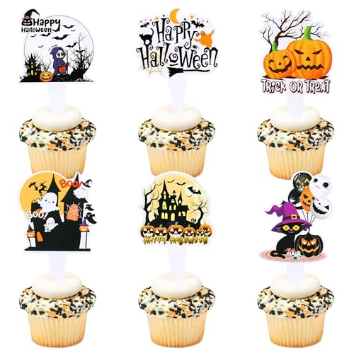 Blumomon 30 Stück Dual Front Halloween Kuchen Dekorationen, Halloween Horror Thema Cupcake Dekorationen, Zauberer, Friedhöfe, Kürbis Kuchen Dekorationen von Blumomon