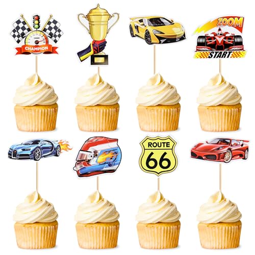 Blumomon 32 Stück Sportwagen Car Cupcake Toppers Rennen Fahren Alles Gute zum Geburtstag Cupcake Toppers Baby Shower Sportthema Feiern Party Kuchen Dekore von Blumomon