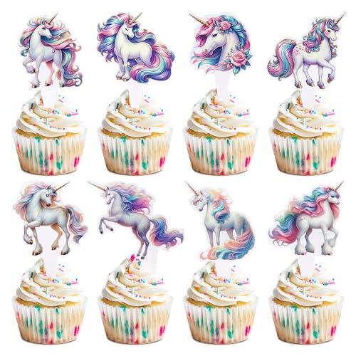 Blumomon 32 Stück Dual Front Unicorn Cupcake Toppers Farbiges Einhorn Kuchen Topper Picks Babyparty Dekoration Zubehör Party Dekoration Supplies von Blumomon