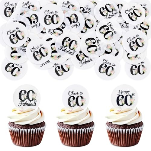 Blumomon 40 Stück Essbare 60th Happy Birthday Cupcake Toppers Cheers to 60th Fabelhafte Kuchendekoration 60th Geburtstag Party Dekoration Essbare Tortendekoration zum 60th Geburtstag von Blumomon