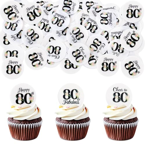 Blumomon 40 Stück essbare 80th Happy Birthday Cupcake Toppers Cheers to 80th Fabelhafte Kuchendekoration 80th Geburtstag Party Dekoration Essbare Tortendekoration zum 80th Geburtstag von Blumomon