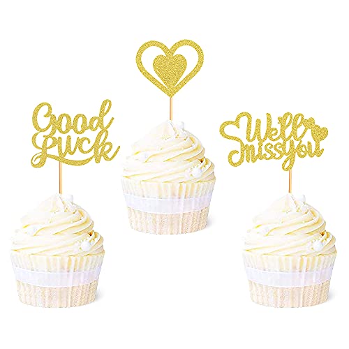 Blumomon Cupcake-Topper mit Aufschrift ''We Will Miss You'', Glitzer, Glücksbringer, Cupcake-Dekoration für Partys, zum Abschied, Ruhestand, Themenparty, 36 Stück, Gold von Blumomon