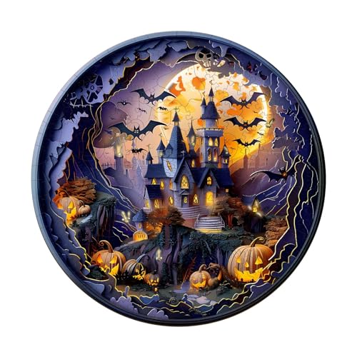 Blumuze Holzpuzzle Erwachsene, 3D Halloween Schloss 2 Holz Puzzle, Holzpuzzle Einzigartige Tierform Puzzleteile,Puzzle Holz Erwachsene mit Geschenkbox aus Holz 100 Stück(S-21.5 * 21.5cm) von Blumuze