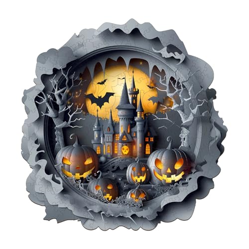 Blumuze Holzpuzzle Erwachsene, 3D Halloween Schloss Holz Puzzle, Holzpuzzle Einzigartige Tierform Puzzleteile,Puzzle Holz Erwachsene mit Geschenkbox aus Holz 100 Stück(S-21.5 * 21cm) von Blumuze