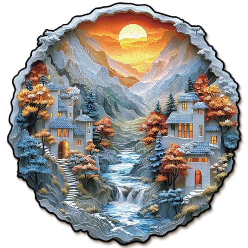 Blumuze Holzpuzzle Erwachsene, 3D Mountain Stream Ferienhaus Holz Puzzle, Holzpuzzle Einzigartige Tierform Puzzleteile, Puzzle Holz Erwachsene mit Geschenkbox aus Holz 300 Stück(L-34.5 * 33.2 cm) von Blumuze