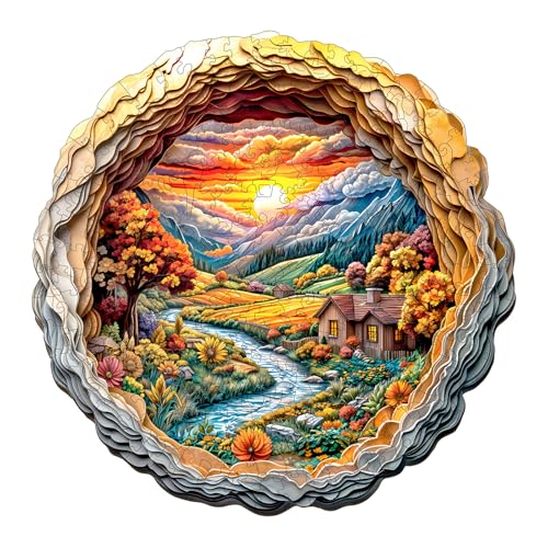 Blumuze Holzpuzzle Erwachsene, 3D Sonnenuntergang Dorf Holz Puzzle, Holzpuzzle Einzigartige Tierform Puzzleteile, Puzzle Holz Erwachsene mit Geschenkbox aus Holz 300 Stück(L-34 * 34cm) von Blumuze