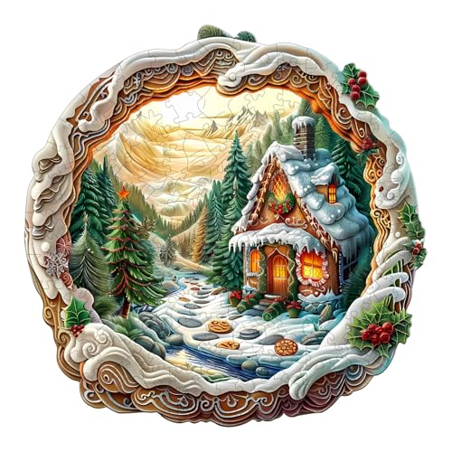 Blumuze Holzpuzzle Erwachsene, 3D Weihnachtshaus 1 Holz Puzzle, Holzpuzzle Einzigartige Tierform Puzzleteile,3D Christmas House Puzzle Holz Erwachsene mit Geschenkbox aus Holz 100 Stück(S-8.5*8.4in) von Blumuze