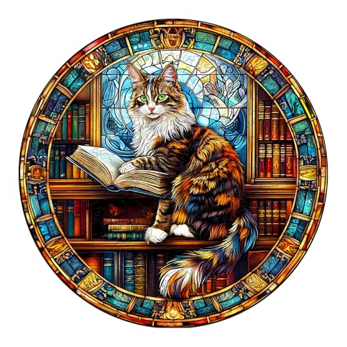 Blumuze Holzpuzzle Erwachsene, Die Maine Cat Bibliothek Holz Puzzle, Holzpuzzle Einzigartige Tierform Puzzleteile,Kat Puzzle Holz Erwachsene mit Geschenkbox aus Holz 200 Stück(M-29 * 29cm) von Blumuze