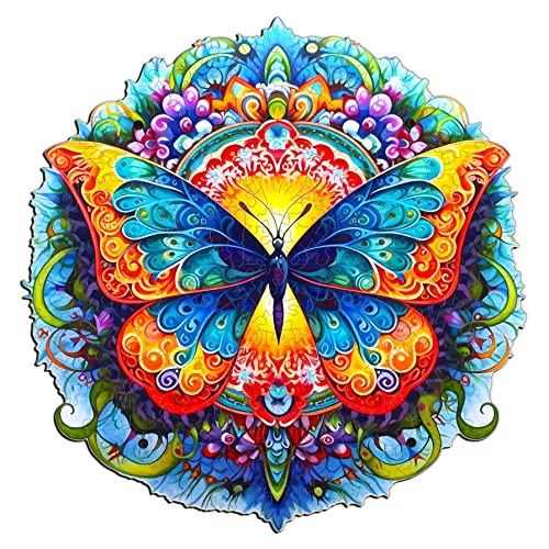 Blumuze Holzpuzzle Erwachsene, Mandala Schmetterling Holzpuzzle Einzigartige Tierform Puzzleteile, Puzzle aus Tierteilen, Puzzle Holz Erwachsene mit Geschenkbox aus Holz 270 Stück(L-12.1 * 11.9in) von Blumuze