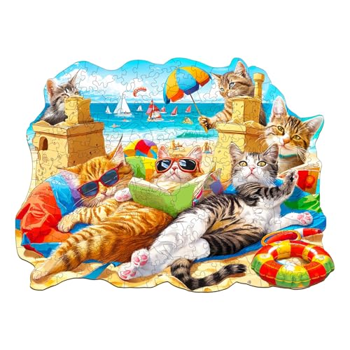 Blumuze Holzpuzzle Erwachsene,Strandkatze Holz Puzzle,Katze Holzpuzzle Einzigartige Tierform Puzzleteile,Puzzle aus Tierteilen, Puzzle Holz Erwachsene mit Geschenkbox aus Holz 180Stück-M-29 * 21.3cm von Blumuze