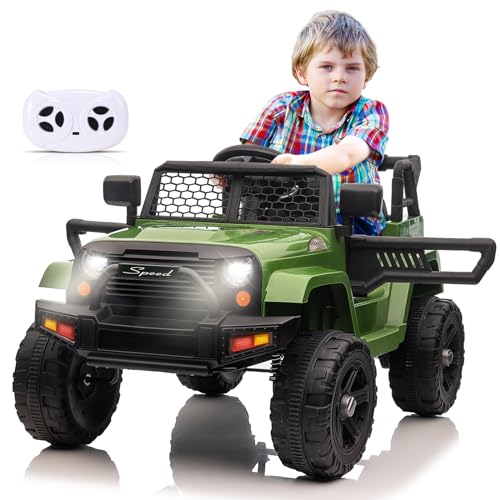 Kinder Elektroauto, Elektroauto für kinder Rc 2,4 G-Fernbedienung, 12V Kinderauto mit LED Lichtern, Musik, Hupe und Scheinwerfer, Jeep Auto, für Kinder ab 3 Jahre (Grün) von BlundiQue