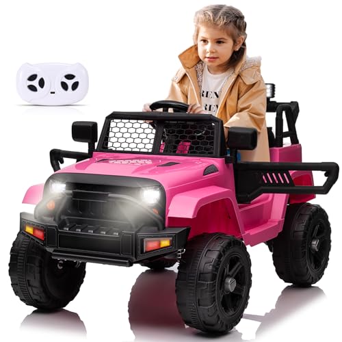 Kinder Elektroauto, Elektroauto für kinder Rc 2,4 G-Fernbedienung, 12V Kinderauto mit LED Lichtern, Musik, Hupe und Scheinwerfer, Jeep Auto, für Kinder ab 3 Jahre (Rosa) von BlundiQue