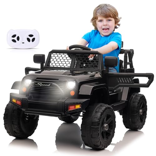 Kinder Elektroauto, Elektroauto für Kinder Rc 2,4 G-Fernbedienung, 12V Kinderauto mit LED Lichtern, Musik, Hupe und Scheinwerfer, Jeep Auto, für Kinder ab 3 Jahre (Schwarz) von BlundiQue